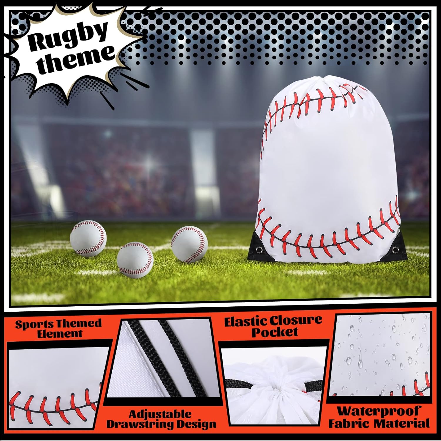 Silkfly 24 Pcs Baseball Drawstring Backpack Goodie Bags for Kids Sports