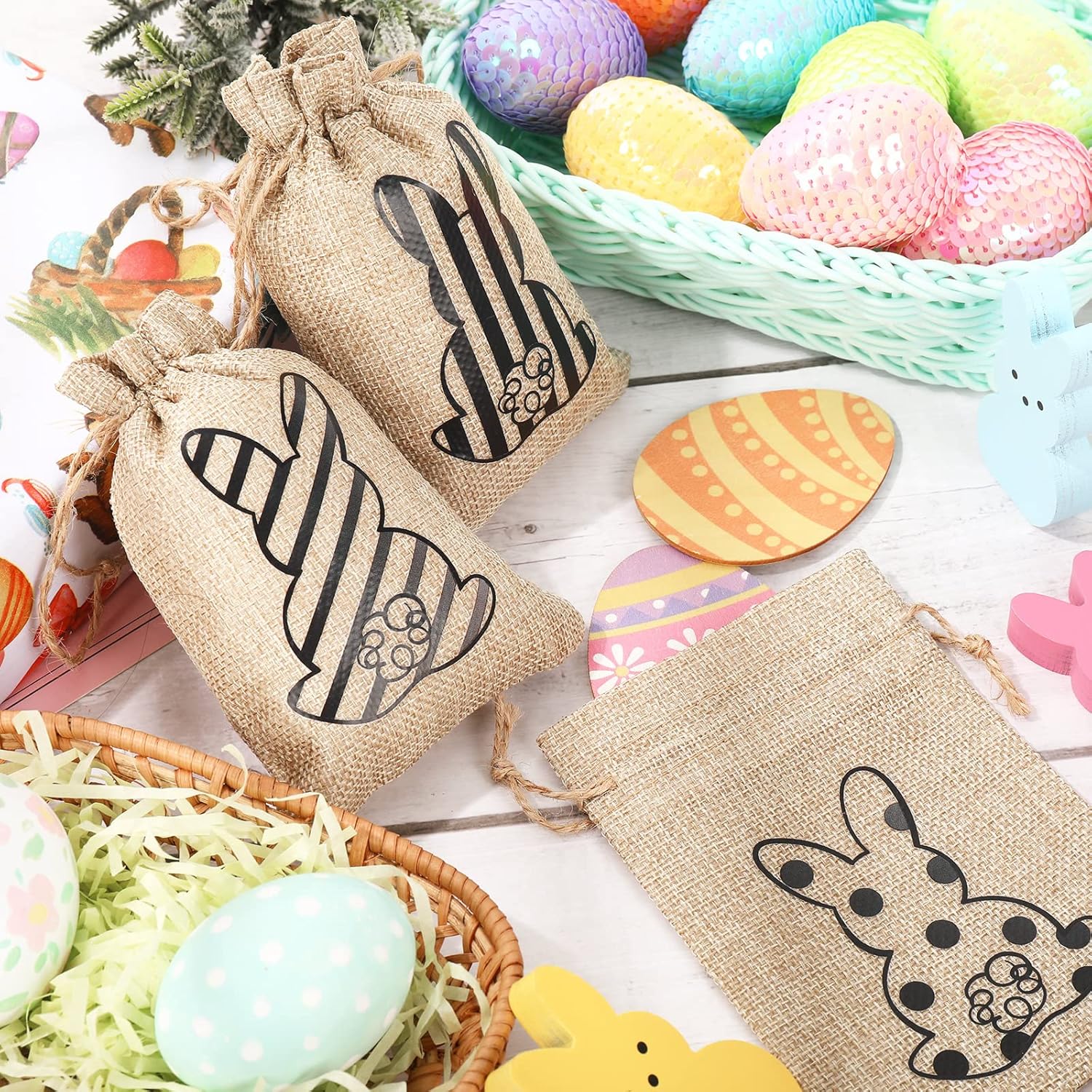 Whaline 24 Pack Easter Drawstring Gift Bags with Bunny and Rabbit Prints