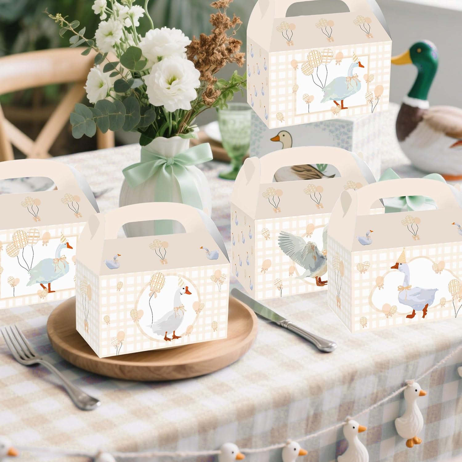 Silly Goose Themed 12 Piece Beige Gingham Party Boxes