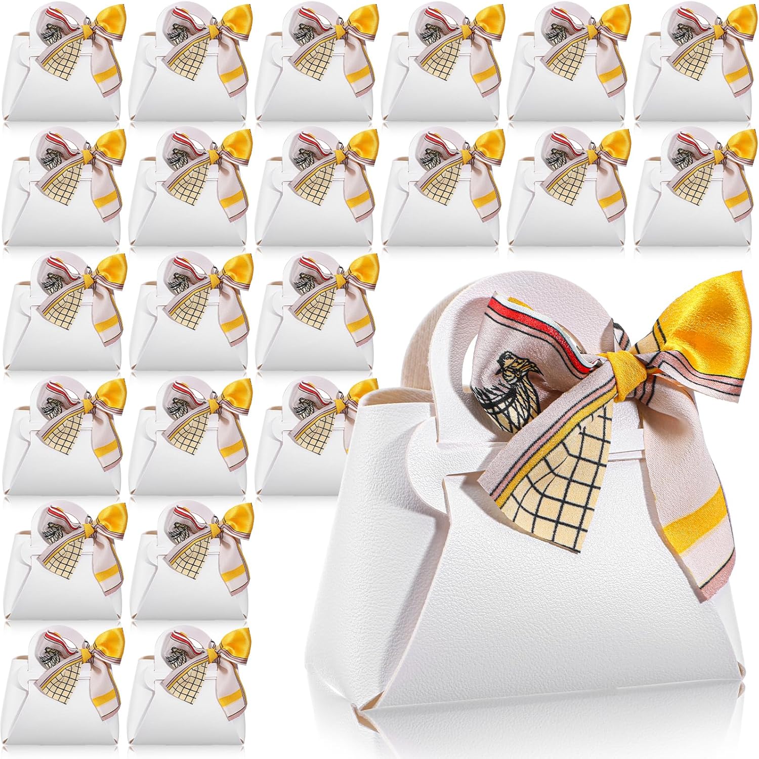 HOFURME 24 Pack White Leather Candy Gift Bags with Handle and Ribbon