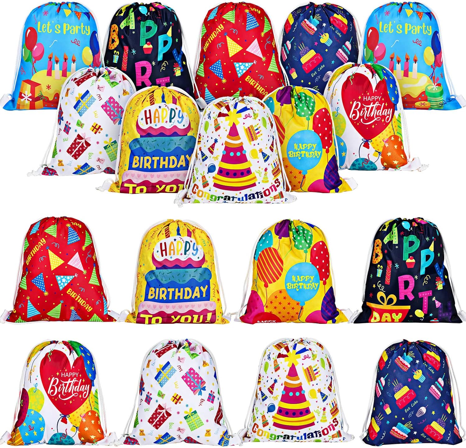 Sweetude 18 Pcs Birthday Drawstring Gift Bags with 9 Designs