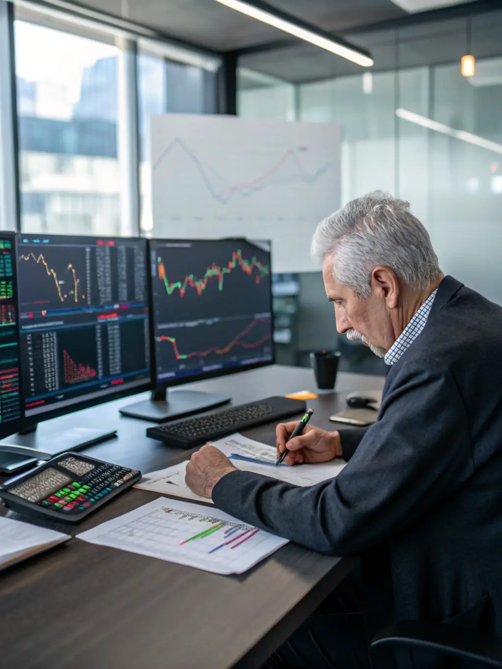 A financial analyst working on a computer with stock market charts displayed, representing the financial services industry.