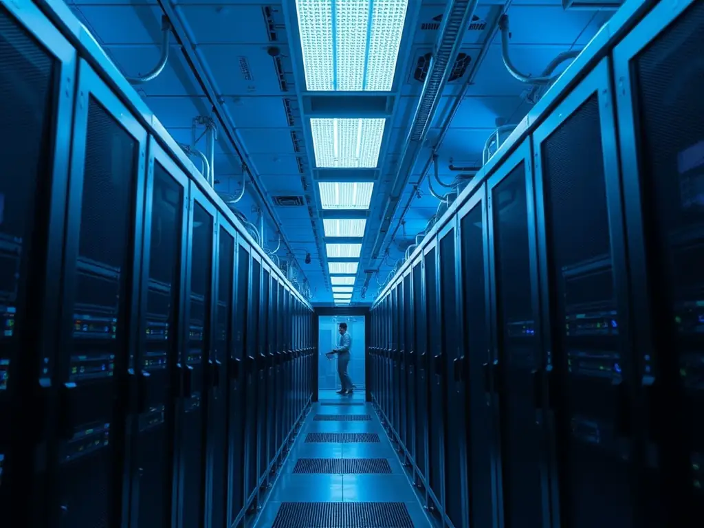 An image depicting a secure cloud data center with interconnected servers, representing data integration and security.