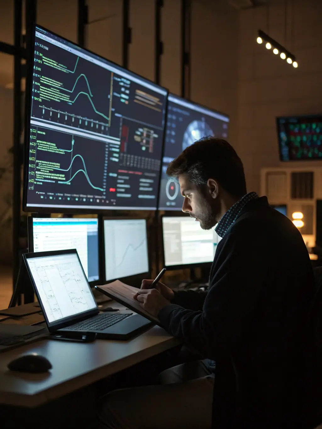 A cybersecurity expert is analyzing network traffic on a monitor, identifying potential threats and vulnerabilities to protect sensitive data and ensure business continuity.
