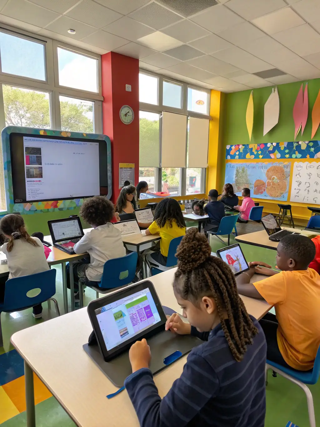 A classroom with students using laptops and interactive whiteboards, representing the education industry.