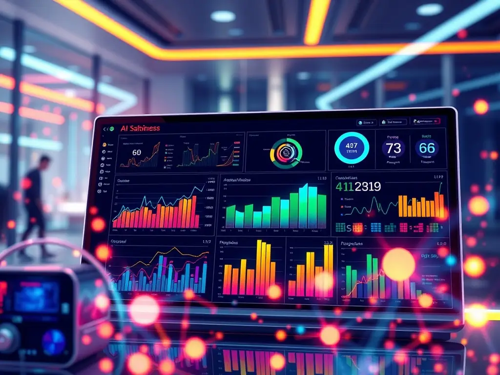 An image showing a futuristic interface with data visualizations and analytics dashboards, representing AI-driven solutions.
